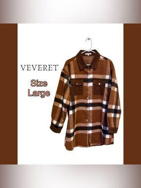 🤎 Veveret Oversized Plaid Shacket L Corduroy Trim Cottagecore Fall Jacket 🤎
